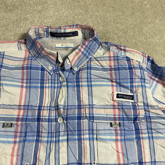 Columbia PFG Super Bahama Shirt Mens XL Blue Pink Plaid Fishing Vented Button Up - Picture 3 of 9